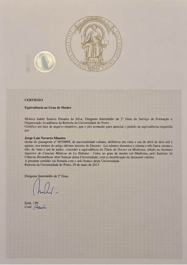 Certidão de Equivalência ao Grau de Mestre — Universidade do Porto